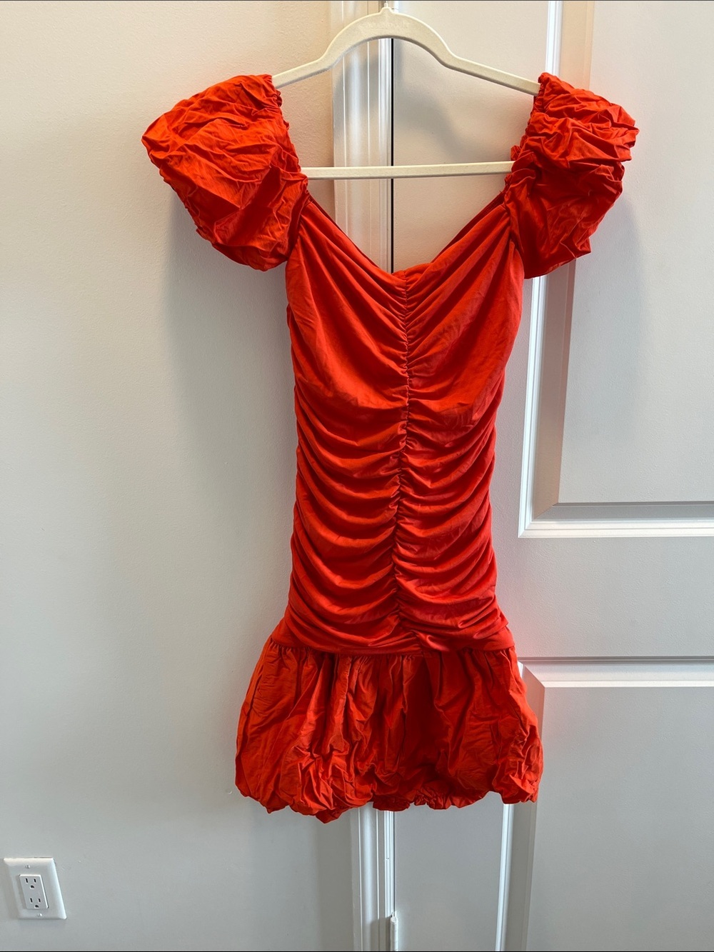 H&M Red Ruched Puff-Sleeve Mini Dress